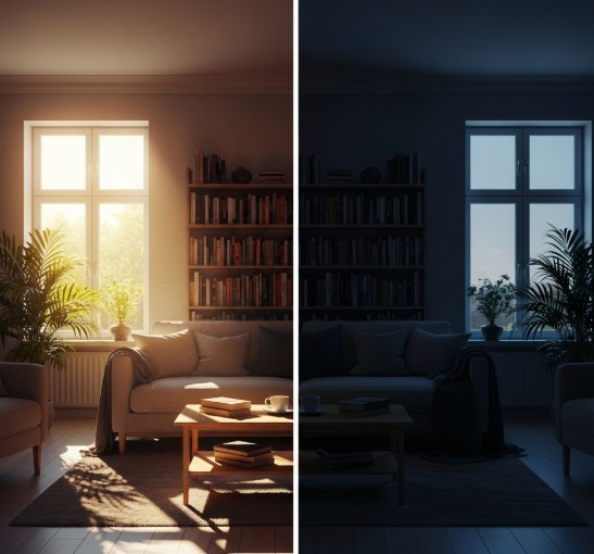 Sunlit room vs. shadowy room comparison