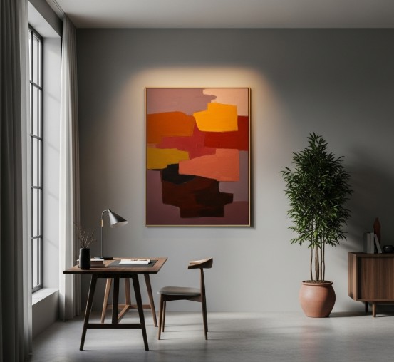 North-facing space with warm-toned artwork