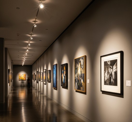 Gallery-style hallway with spotlights