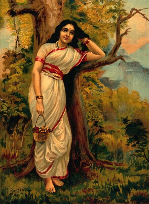 Ahalya leaning on a tree by Raja Ravi Varma