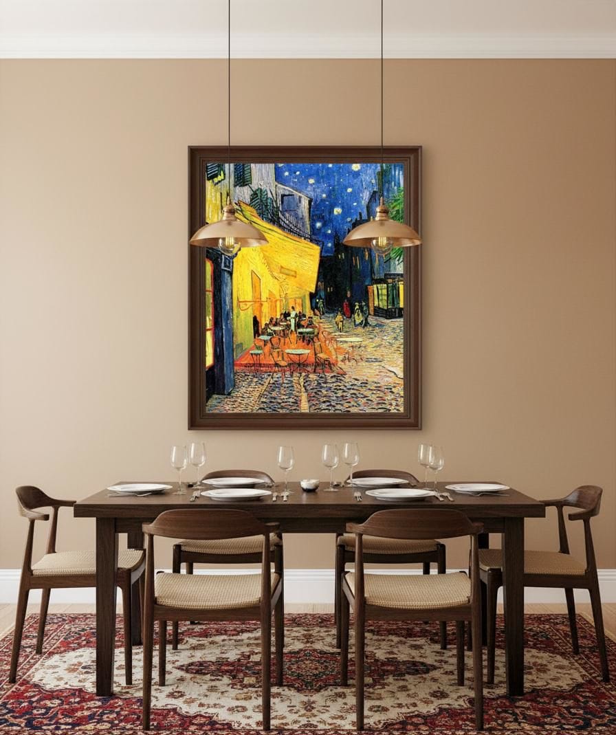 Cafe Terrace at Night canvas print displayed on a wall Cafe Terrace at Night canvas print displayed on a wall