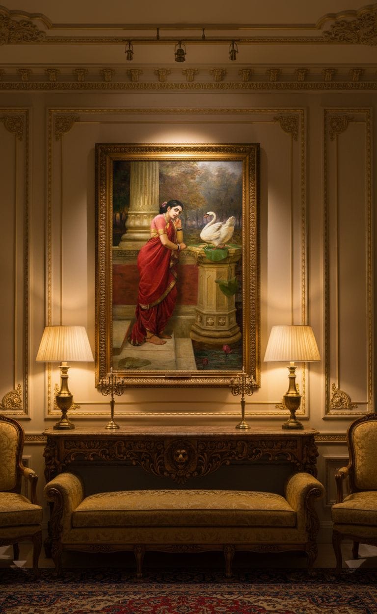 Damayanti and the Swan canvas print displayed on a wall Damayanti and the Swan canvas print displayed on a wall