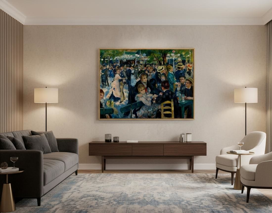 Dance At Le Moulin De La Galette canvas print displayed on a wall Dance At Le Moulin De La Galette canvas print displayed on a wall