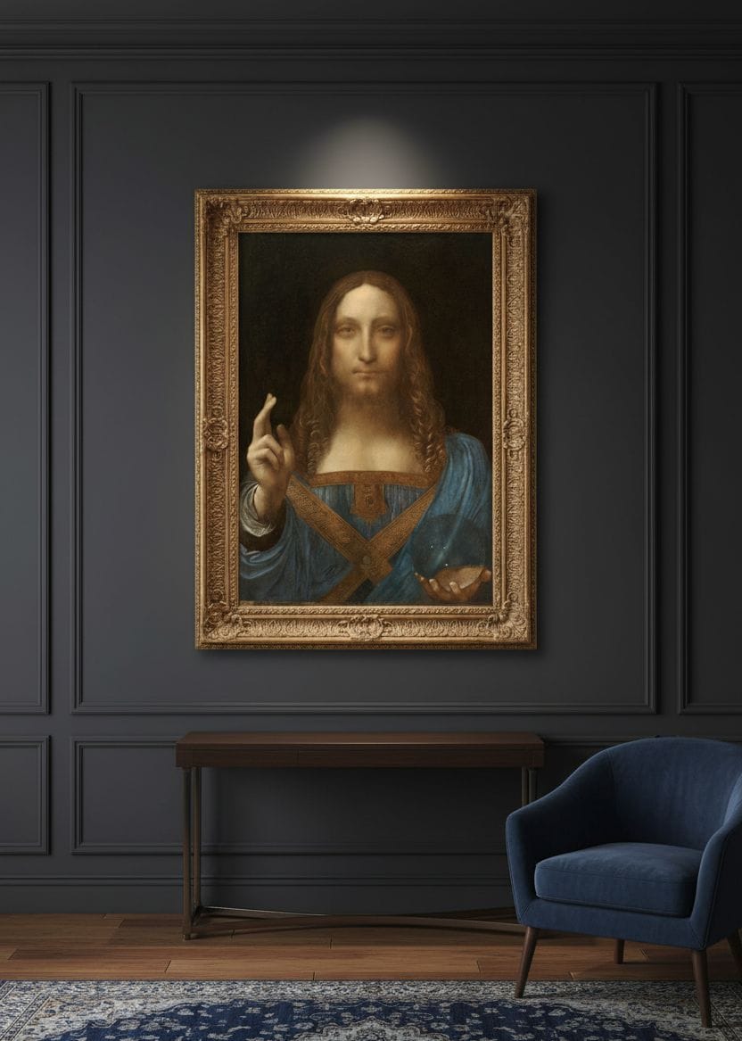 Salvator Mundi canvas print displayed on a wall Salvator Mundi canvas print displayed on a wall