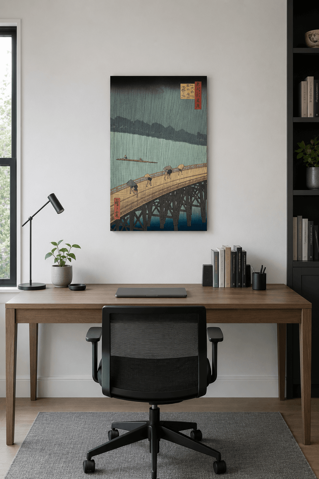 Sudden Shower over Shin-Ohashi Bridge and Atake canvas print displayed on a wall Sudden Shower over Shin-Ohashi Bridge and Atake canvas print displayed on a wall