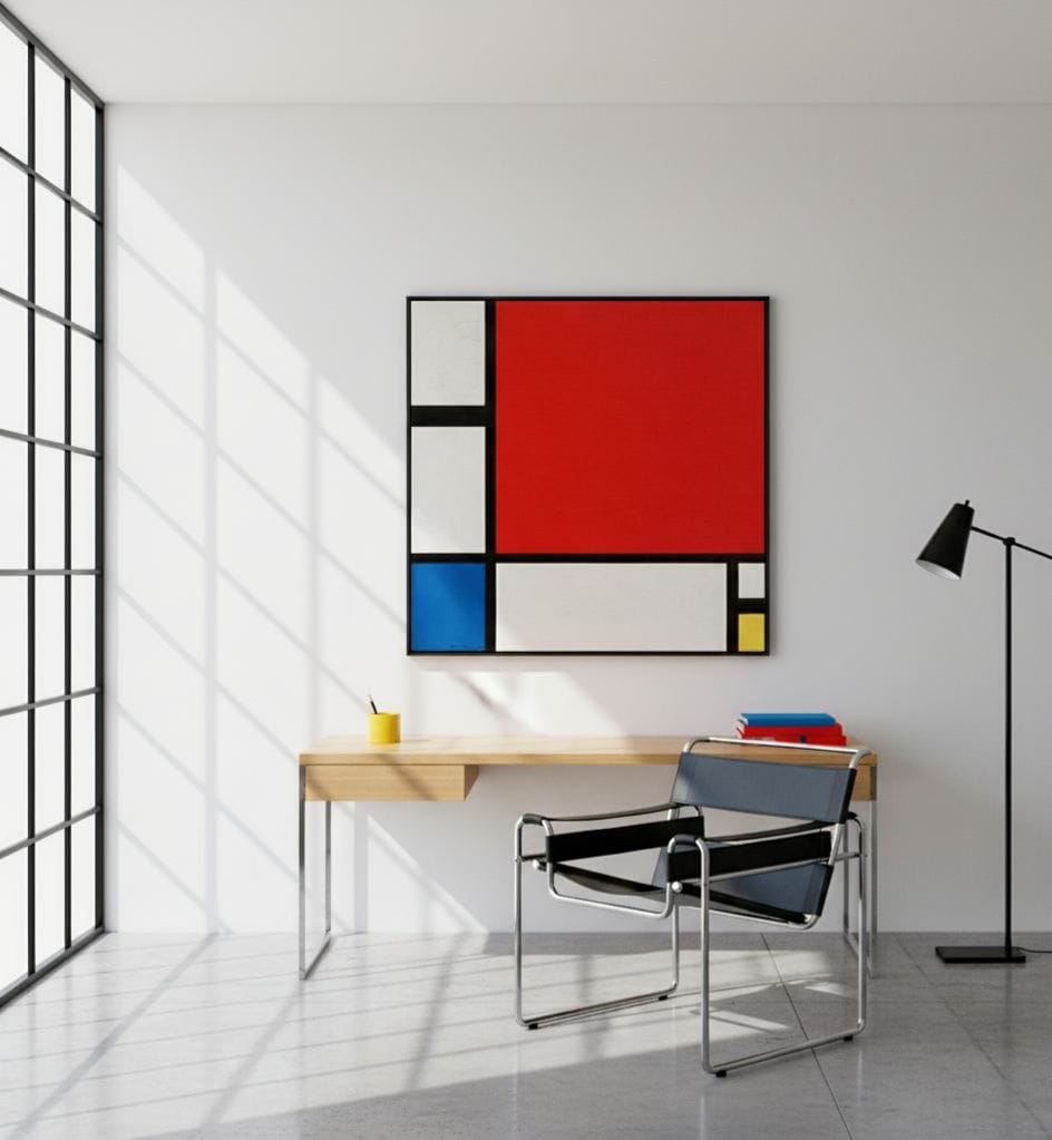 The Composition With Red Yellow And Blue canvas print displayed on a wall The Composition With Red Yellow And Blue canvas print displayed on a wall