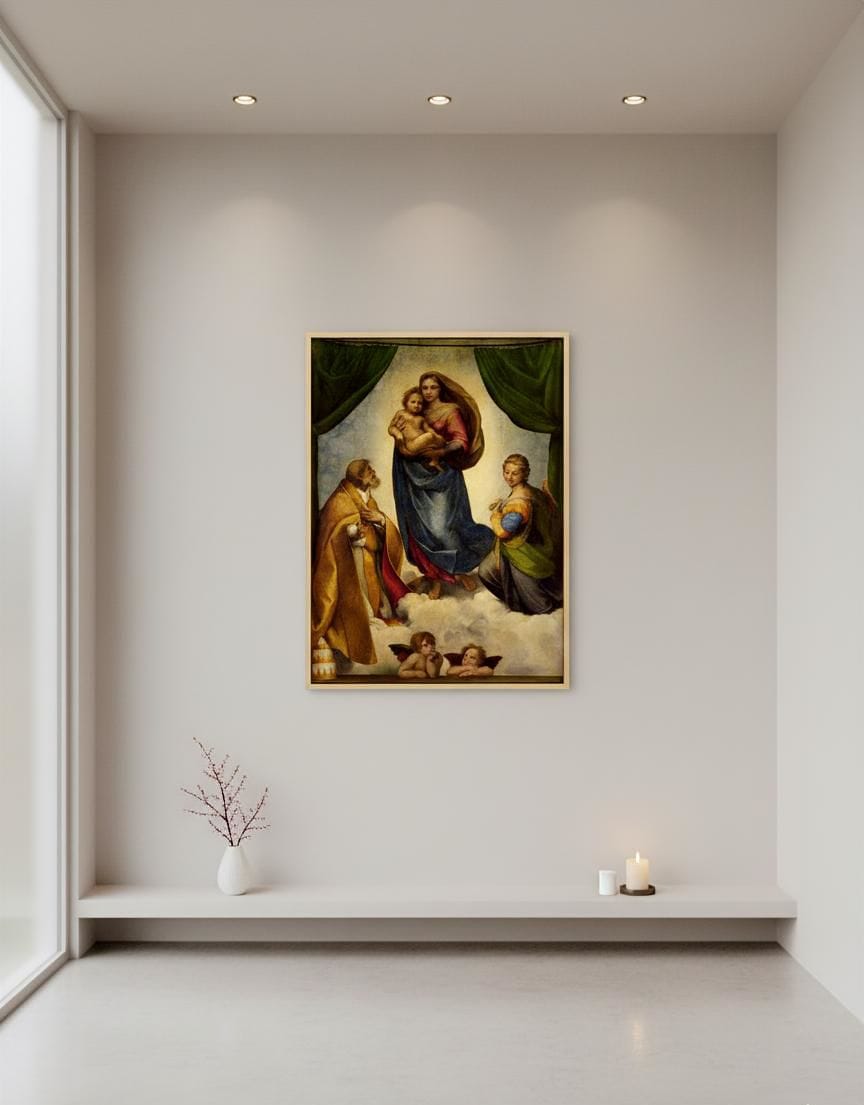The Sistine Madonna canvas print displayed on a wall The Sistine Madonna canvas print displayed on a wall