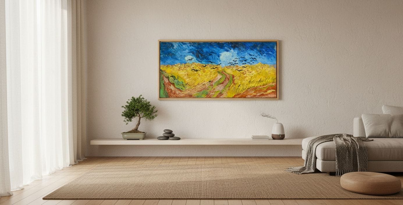 Wheatfield With Crows canvas print displayed on a wall Wheatfield With Crows canvas print displayed on a wall