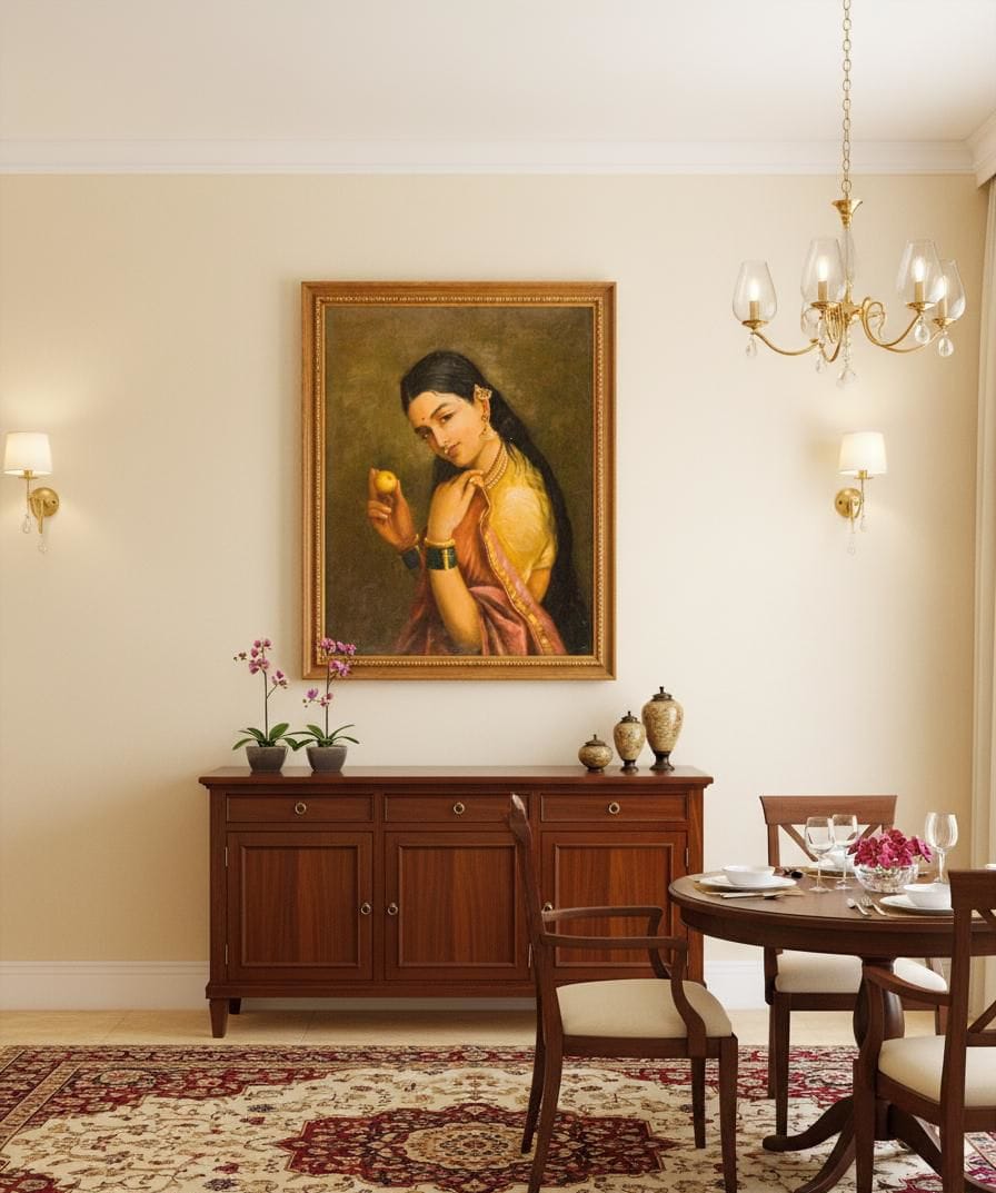 Woman Holding a Fruit canvas print displayed on a wall Woman Holding a Fruit canvas print displayed on a wall
