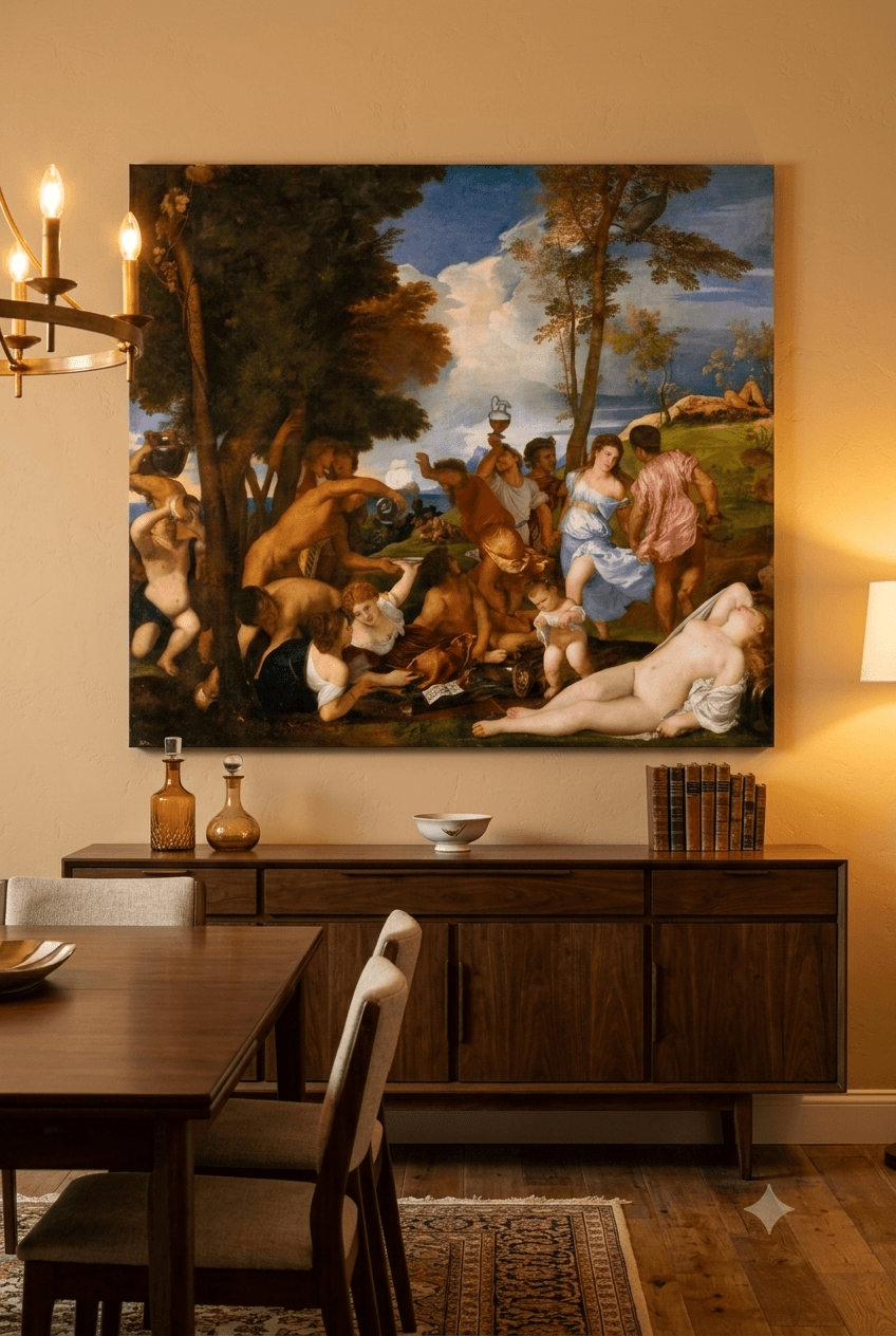 Bacchanal of the Andrians canvas print displayed on a wall Bacchanal of the Andrians canvas print displayed on a wall
