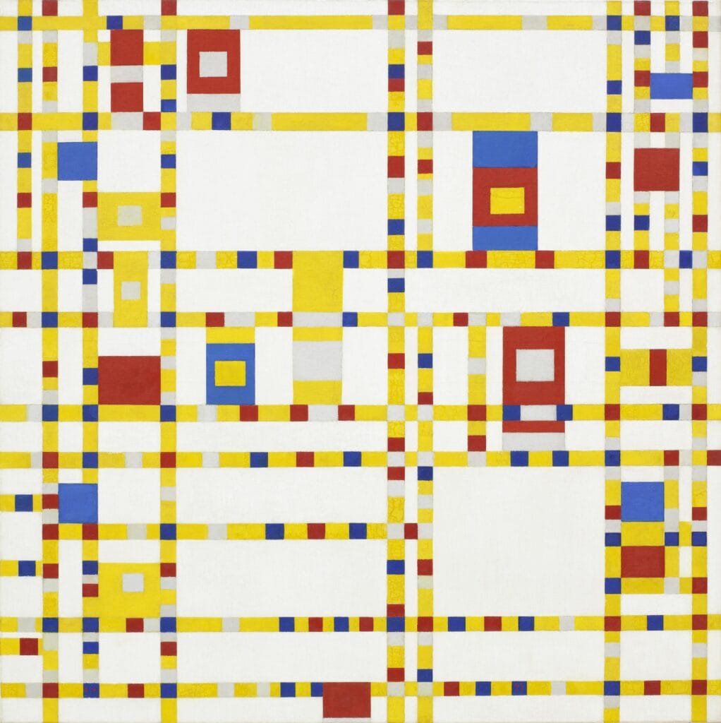 Broadway Boogie Woogie by Piet Mondrian — a grid of red, yellow and blue blocks on white