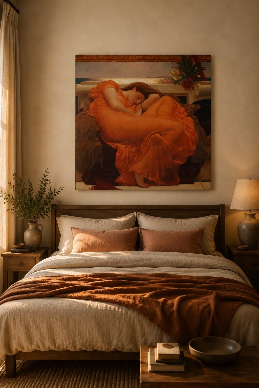 Flaming June canvas print displayed on a wall Flaming June canvas print displayed on a wall