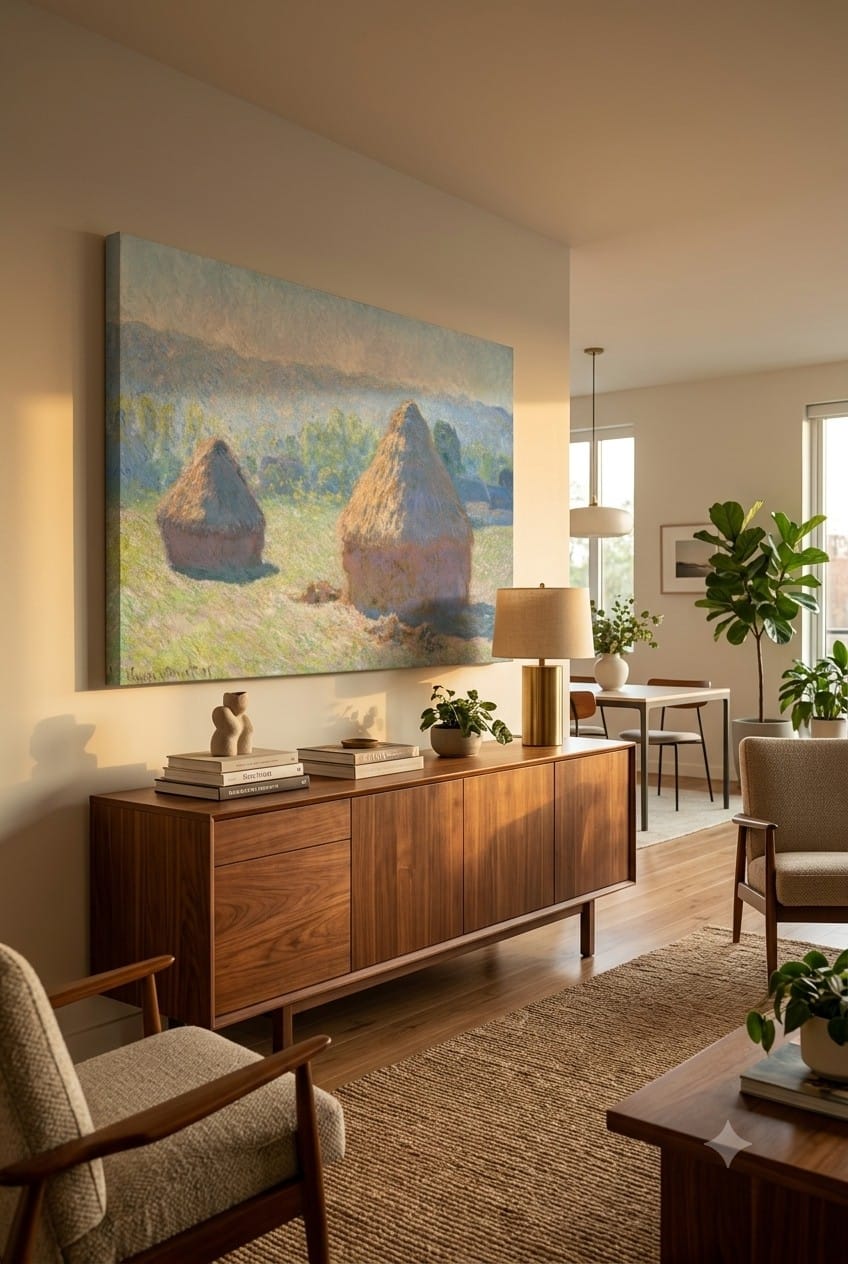 Haystacks, End of Summer canvas print displayed on a wall Haystacks, End of Summer canvas print displayed on a wall