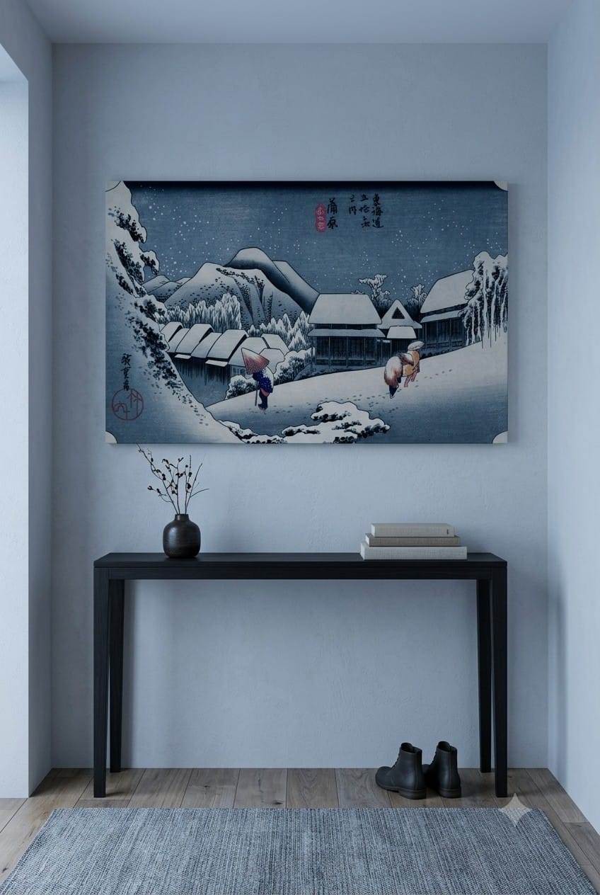 Kanbara: Night Snow canvas print displayed on a wall Kanbara: Night Snow canvas print displayed on a wall