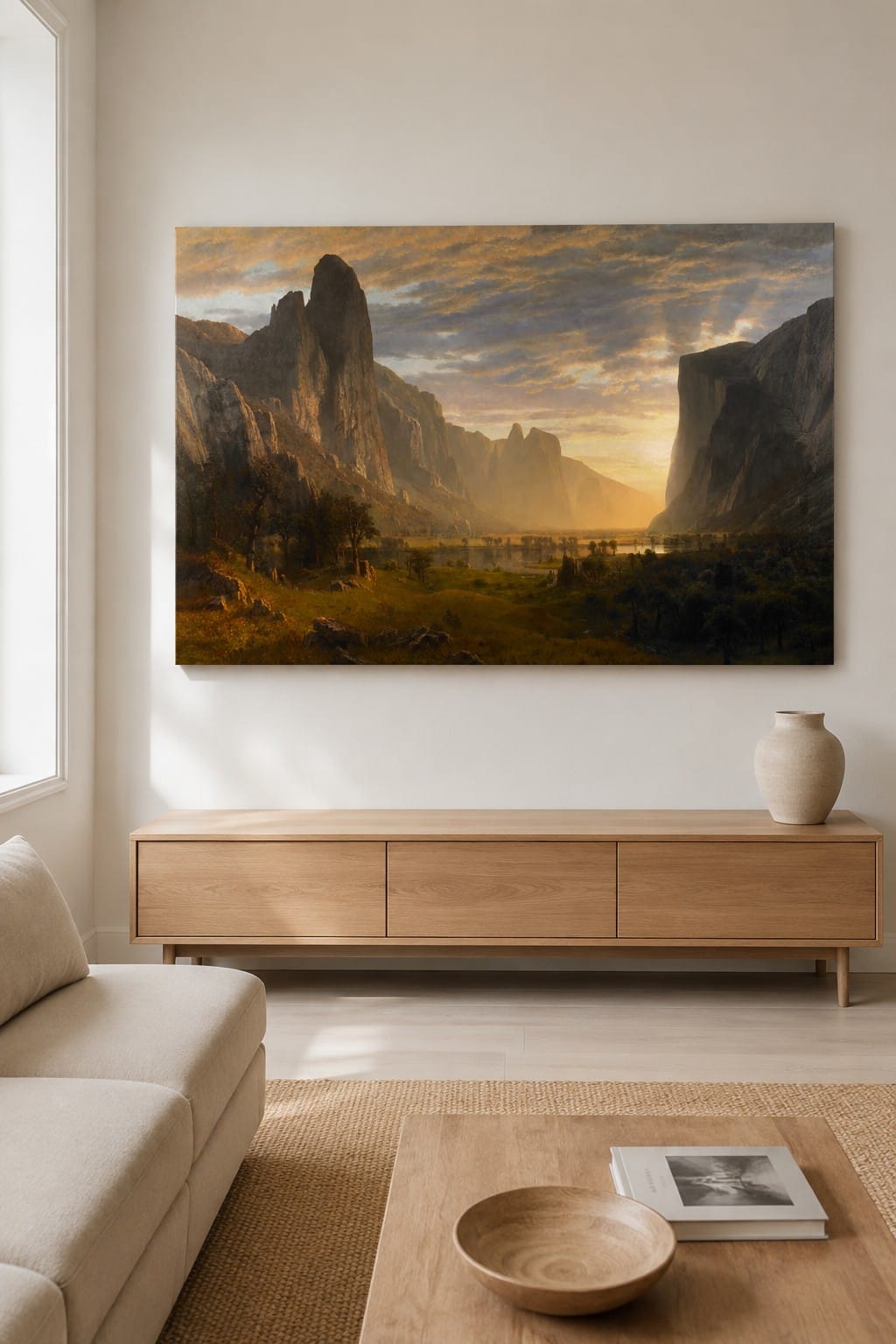 Looking Down Yosemite Valley canvas print displayed on a wall Looking Down Yosemite Valley canvas print displayed on a wall