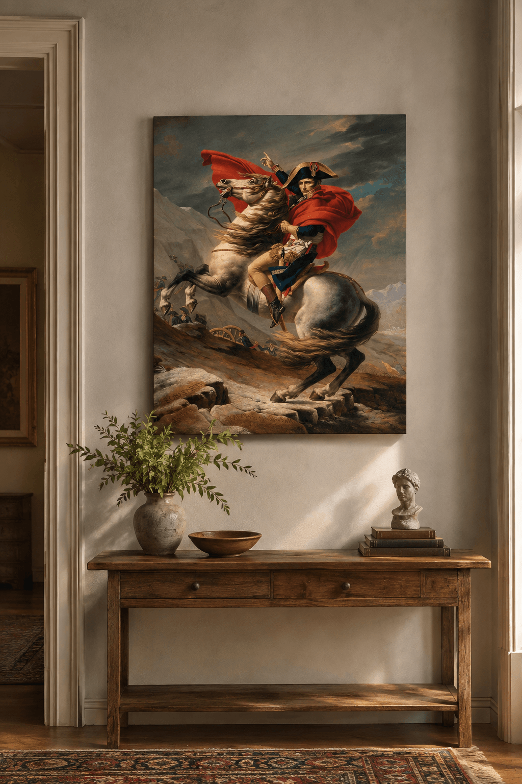Napoleon Crossing the Alps canvas print displayed on a wall Napoleon Crossing the Alps canvas print displayed on a wall