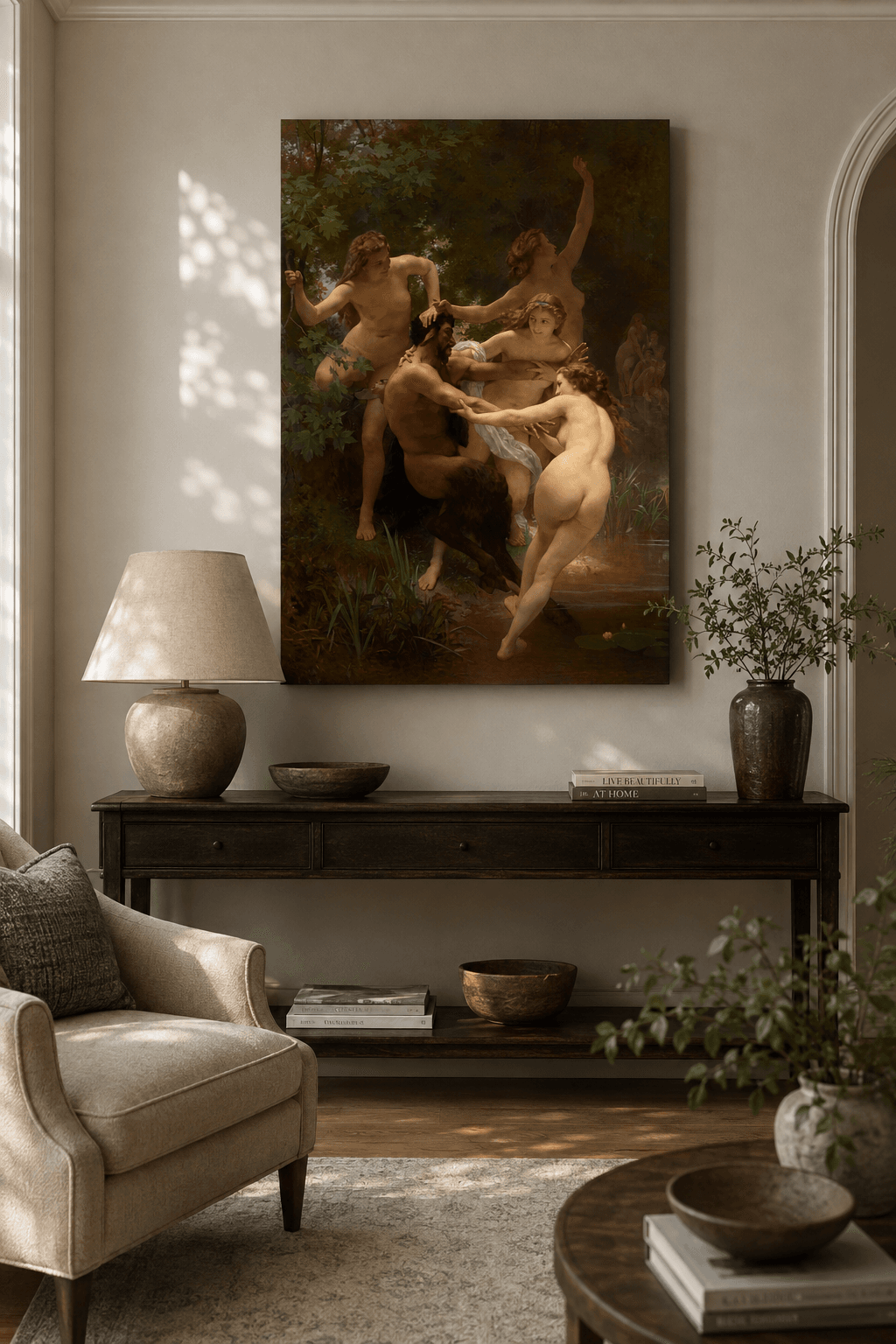Nymphs and Satyr canvas print displayed on a wall Nymphs and Satyr canvas print displayed on a wall
