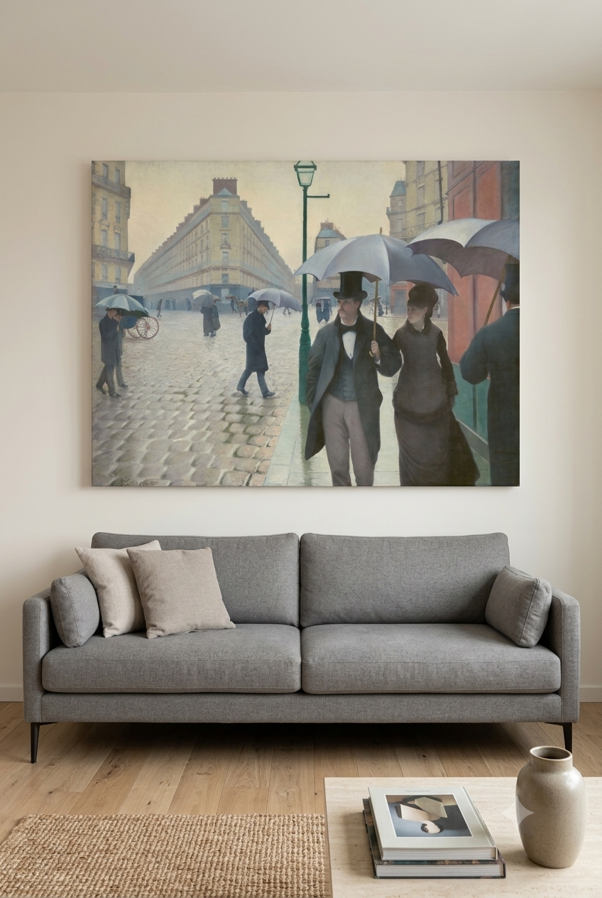 Paris Street; Rainy Day canvas print displayed on a wall Paris Street; Rainy Day canvas print displayed on a wall