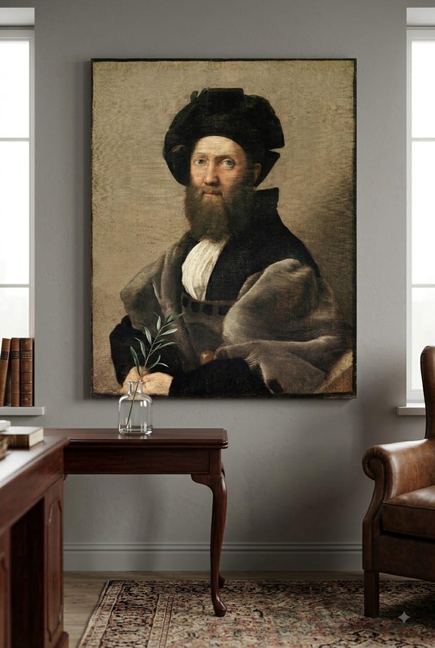 Portrait of Baldassare Castiglione canvas print displayed on a wall Portrait of Baldassare Castiglione canvas print displayed on a wall