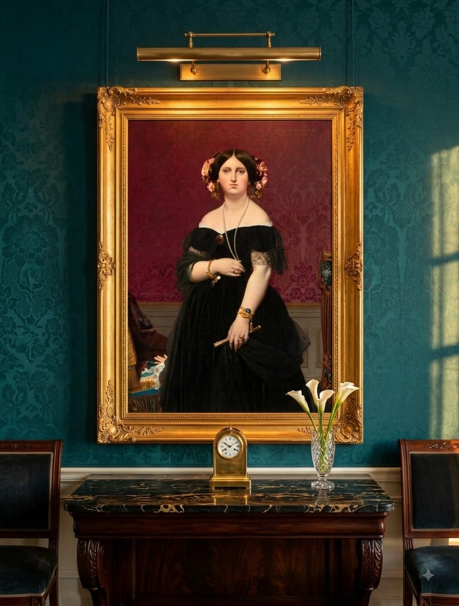 Portrait of Madame Moitessier canvas print displayed on a wall Portrait of Madame Moitessier canvas print displayed on a wall