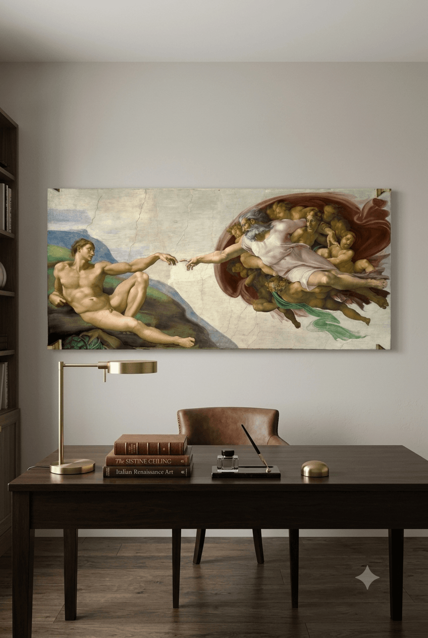 The Creation Of Adam canvas print displayed on a wall The Creation Of Adam canvas print displayed on a wall