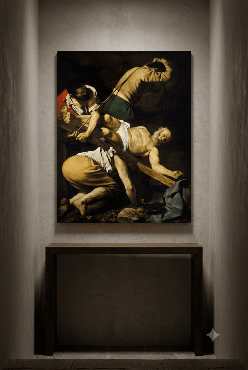 The Crucifixion of Saint Peter canvas print displayed on a wall The Crucifixion of Saint Peter canvas print displayed on a wall