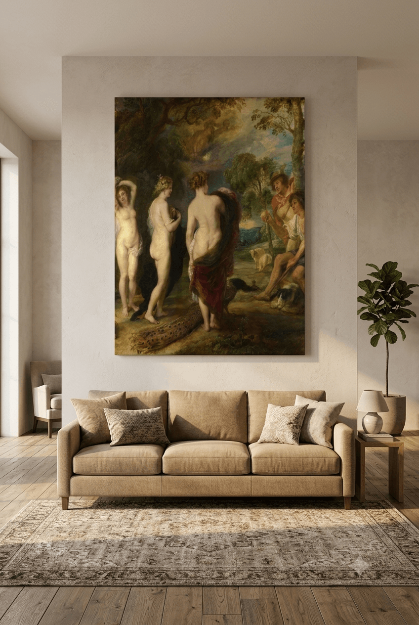 The Judgement of Paris canvas print displayed on a wall The Judgement of Paris canvas print displayed on a wall