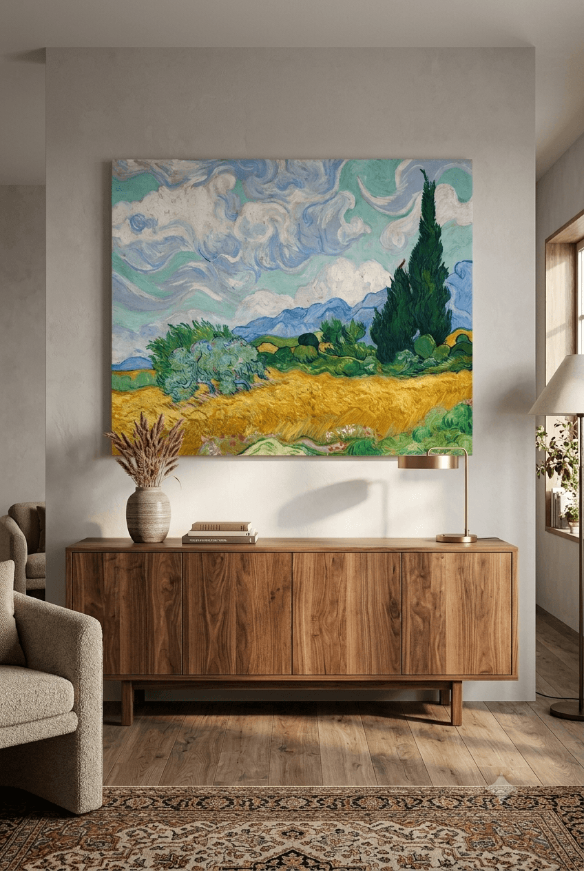 Wheat Field with Cypresses canvas print displayed on a wall Wheat Field with Cypresses canvas print displayed on a wall