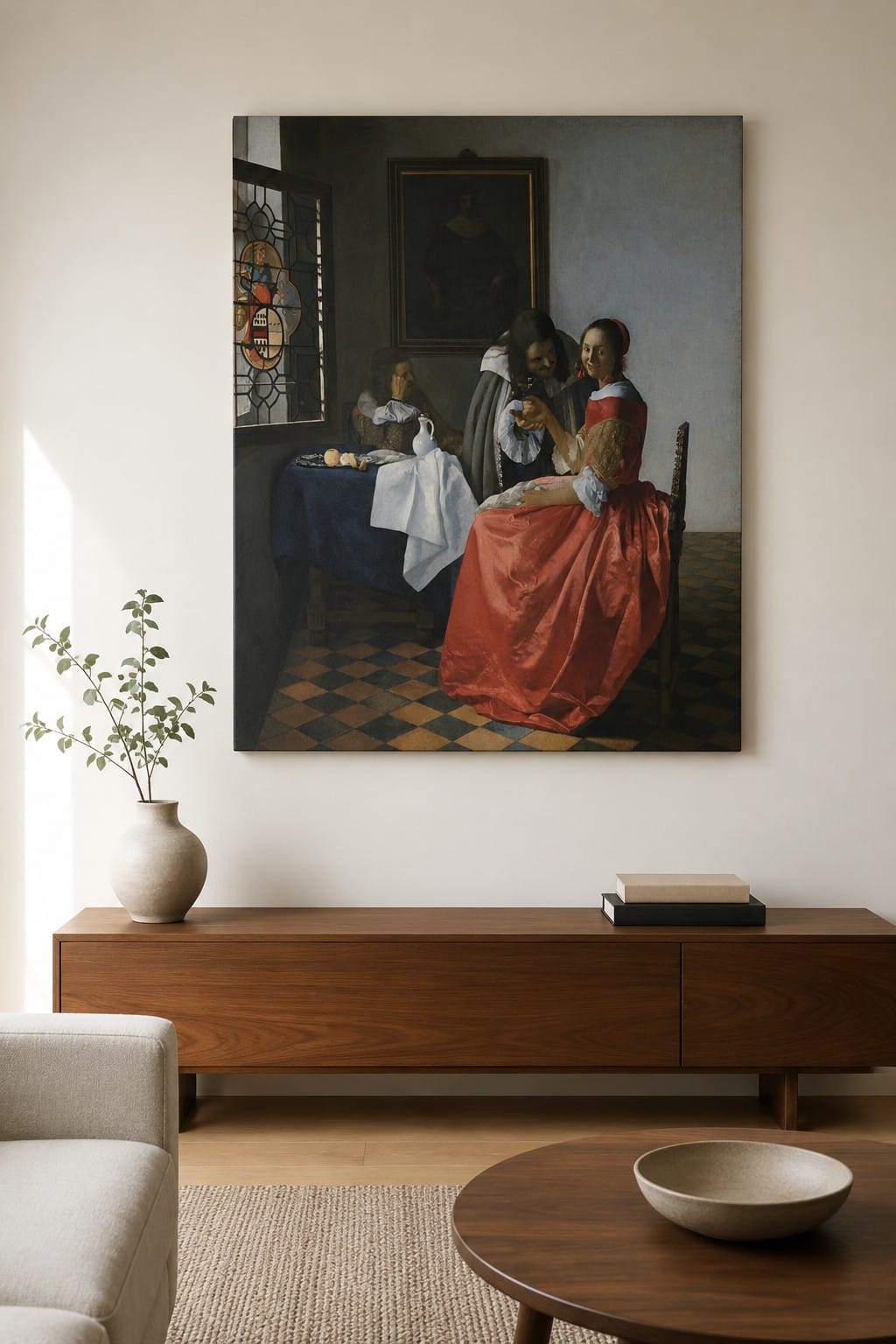Bright living room with a walnut console table and a large canvas of Vermeer's The Girl with the Wine Glass on the wall above. Bright living room with a walnut console table and a large canvas of Vermeer's The Girl with the Wine Glass on the wall above.