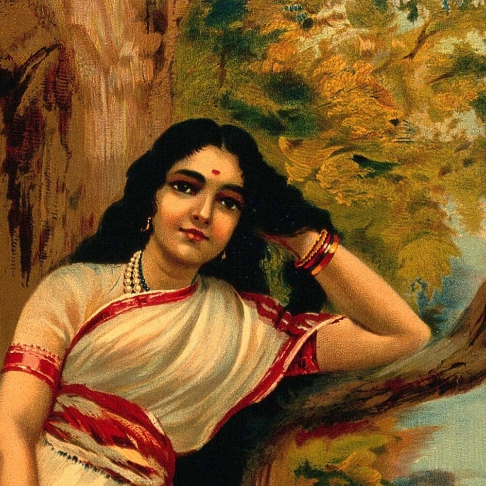 Detail of Ahalya leaning on a tree by Raja Ravi Varma showing the brushwork and surface texture of the painting Detail of Ahalya leaning on a tree by Raja Ravi Varma showing the brushwork and surface texture of the painting
