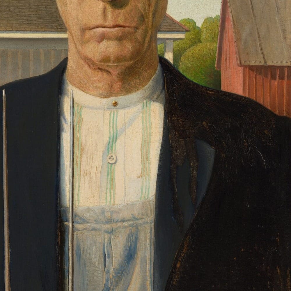 Detail of American Gothic by Grant Wood showing the brushwork and surface texture of the painting Detail of American Gothic by Grant Wood showing the brushwork and surface texture of the painting