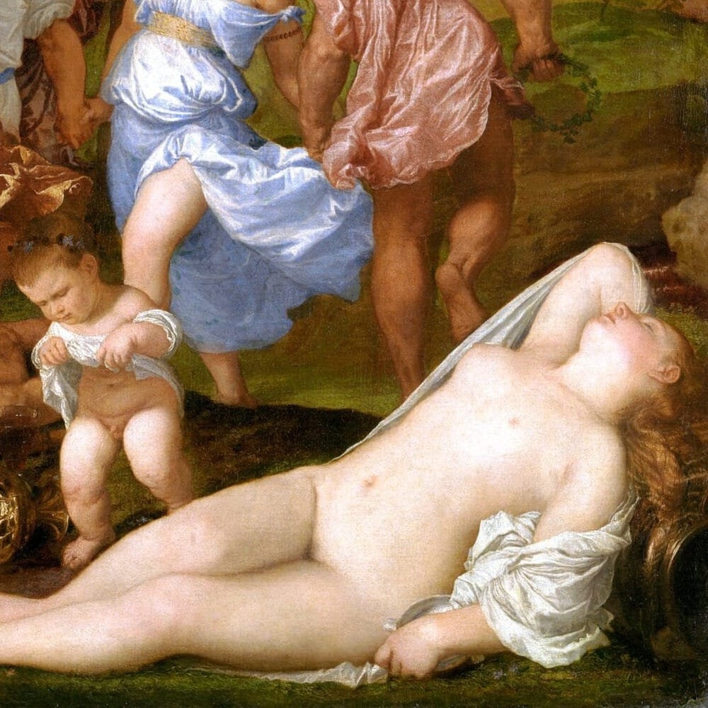 Detail of Bacchanal of the Andrians by Titian showing the brushwork and surface texture of the painting Detail of Bacchanal of the Andrians by Titian showing the brushwork and surface texture of the painting