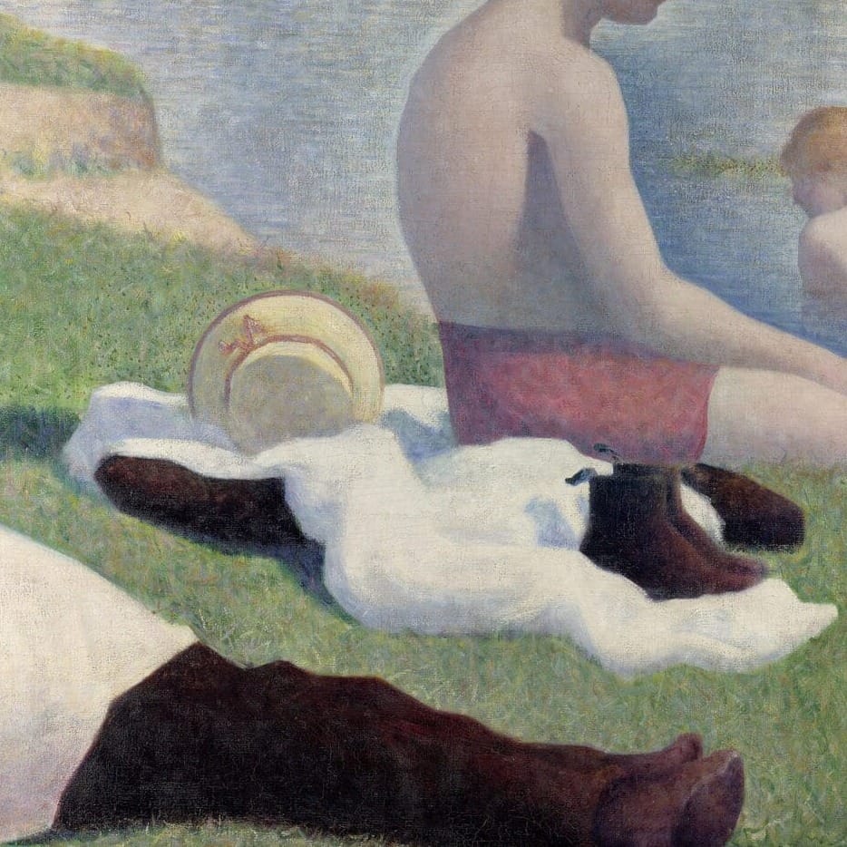 Detail of Bathers at Asnieres by Georges Seurat showing the brushwork and surface texture of the painting Detail of Bathers at Asnieres by Georges Seurat showing the brushwork and surface texture of the painting