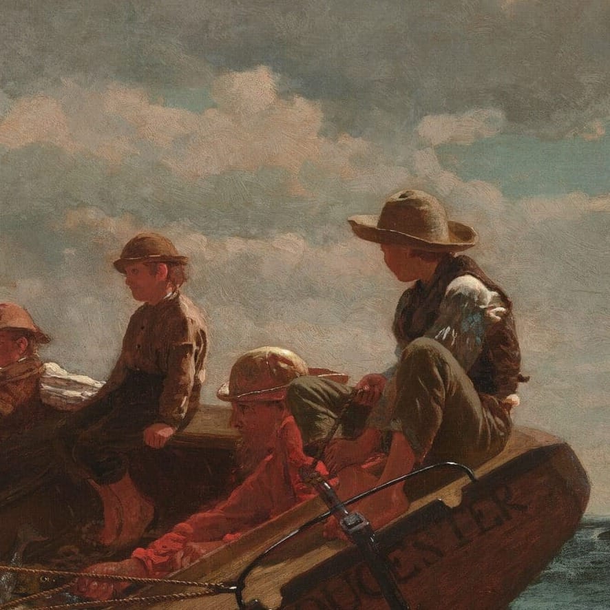 Detail of Breezing Up (A Fair Wind) by Winslow Homer showing the brushwork and surface texture of the painting Detail of Breezing Up (A Fair Wind) by Winslow Homer showing the brushwork and surface texture of the painting