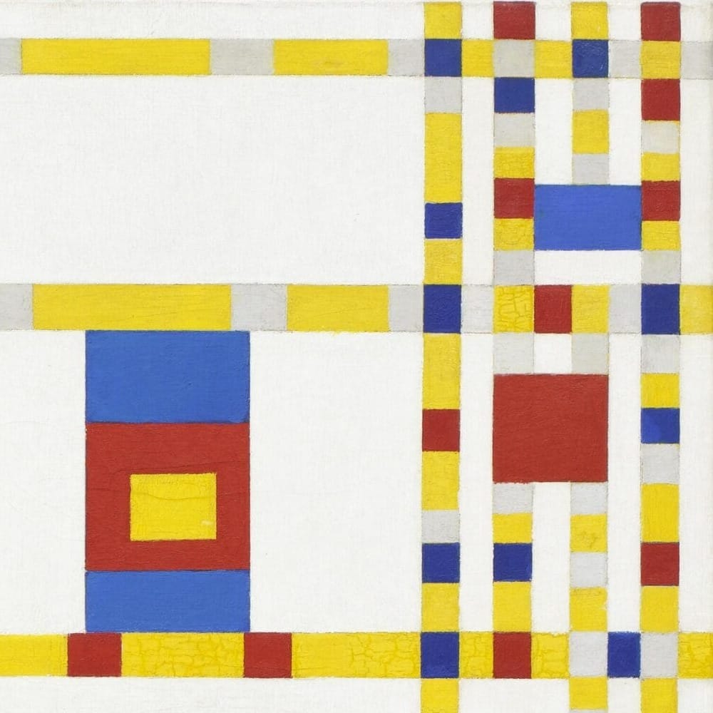 Detail of Broadway Boogie Woogie by Piet Mondrian showing the brushwork and surface texture of the painting Detail of Broadway Boogie Woogie by Piet Mondrian showing the brushwork and surface texture of the painting