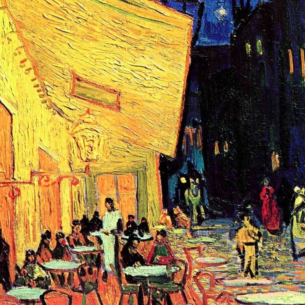 Detail of Cafe Terrace at Night by Vincent van Gogh showing the brushwork and surface texture of the painting Detail of Cafe Terrace at Night by Vincent van Gogh showing the brushwork and surface texture of the painting
