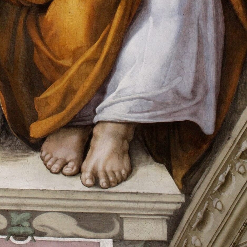 Detail of Cumaean Sibyl by Michelangelo Buonarroti showing the brushwork and surface texture of the painting Detail of Cumaean Sibyl by Michelangelo Buonarroti showing the brushwork and surface texture of the painting