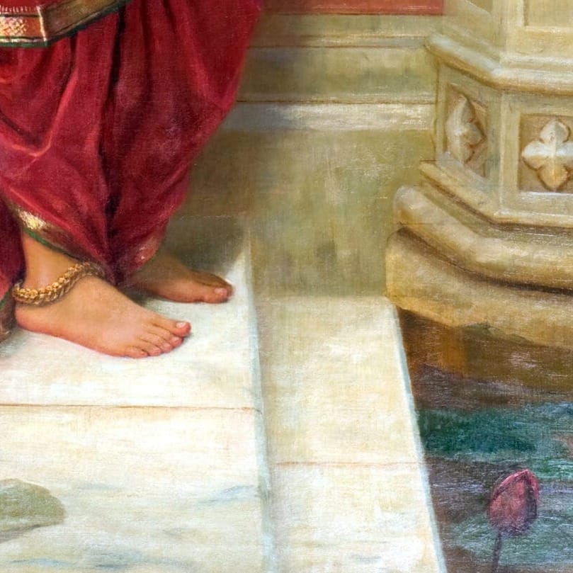 Detail of Damayanti and the Swan by Raja Ravi Varma showing the brushwork and surface texture of the painting Detail of Damayanti and the Swan by Raja Ravi Varma showing the brushwork and surface texture of the painting