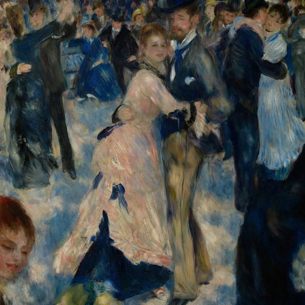 Detail of Dance At Le Moulin De La Galette by Pierre-Auguste Renoir showing the brushwork and surface texture of the painting Detail of Dance At Le Moulin De La Galette by Pierre-Auguste Renoir showing the brushwork and surface texture of the painting