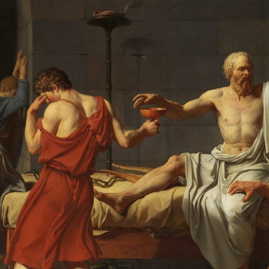 Detail of The Death of Socrates by Jacques-Louis David showing the brushwork and surface texture of the painting Detail of The Death of Socrates by Jacques-Louis David showing the brushwork and surface texture of the painting