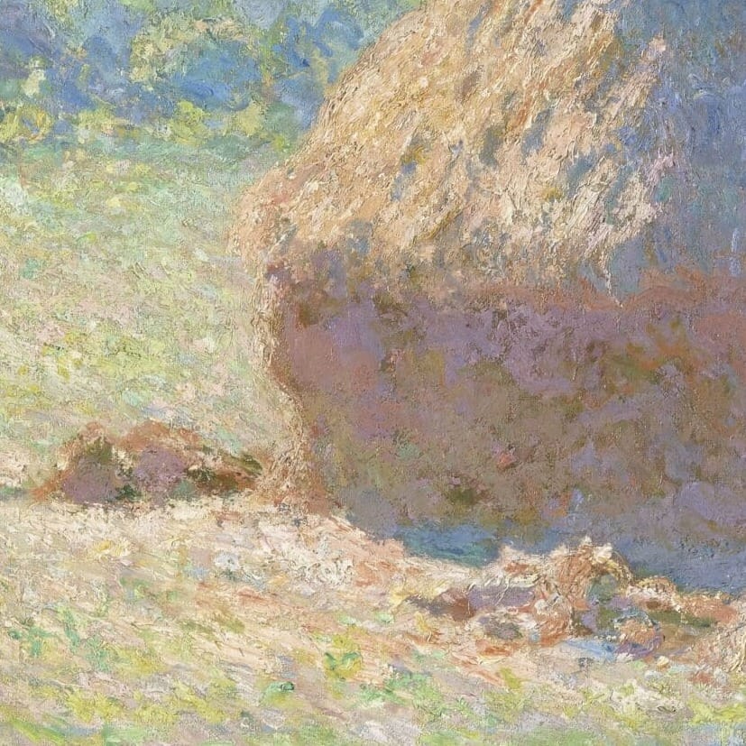 Detail of Haystacks, End of Summer by Claude Monet showing the brushwork and surface texture of the painting Detail of Haystacks, End of Summer by Claude Monet showing the brushwork and surface texture of the painting