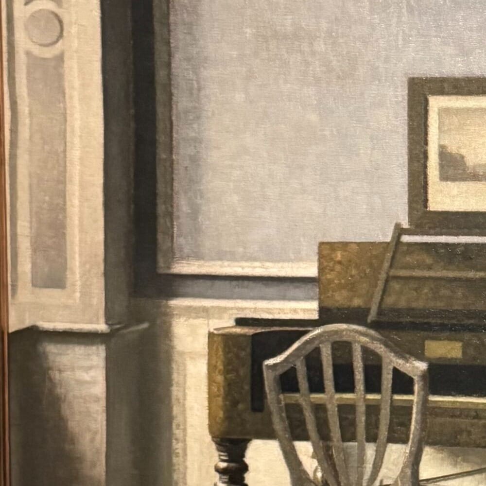 Detail of Interior with a Woman by Vilhelm Hammershoi showing the brushwork and surface texture of the painting Detail of Interior with a Woman by Vilhelm Hammershoi showing the brushwork and surface texture of the painting