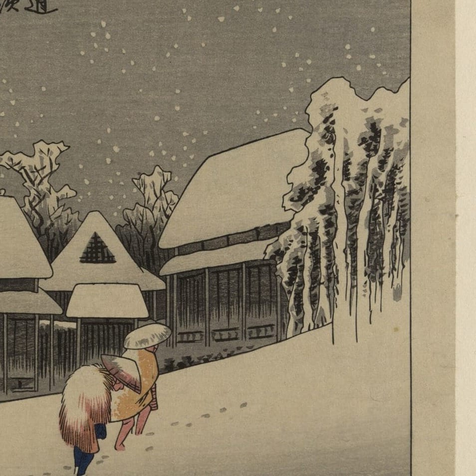 Detail of Kanbara: Night Snow by Utagawa Hiroshige showing the brushwork and surface texture of the painting Detail of Kanbara: Night Snow by Utagawa Hiroshige showing the brushwork and surface texture of the painting