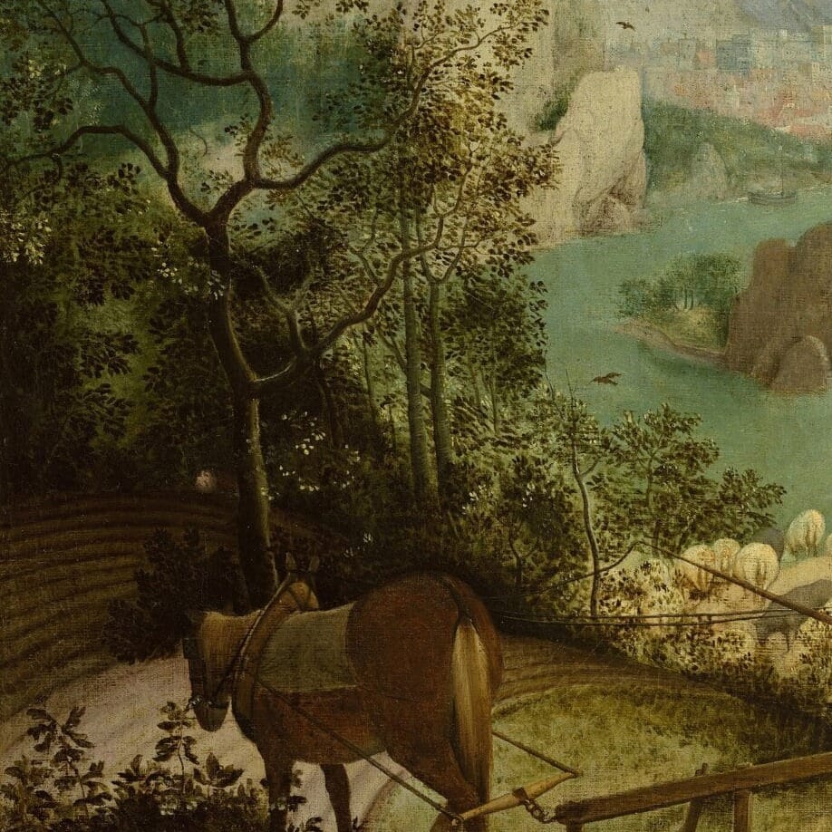 Detail of Landscape with the Fall of Icarus by Pieter Bruegel the Elder showing the brushwork and surface texture of the painting Detail of Landscape with the Fall of Icarus by Pieter Bruegel the Elder showing the brushwork and surface texture of the painting