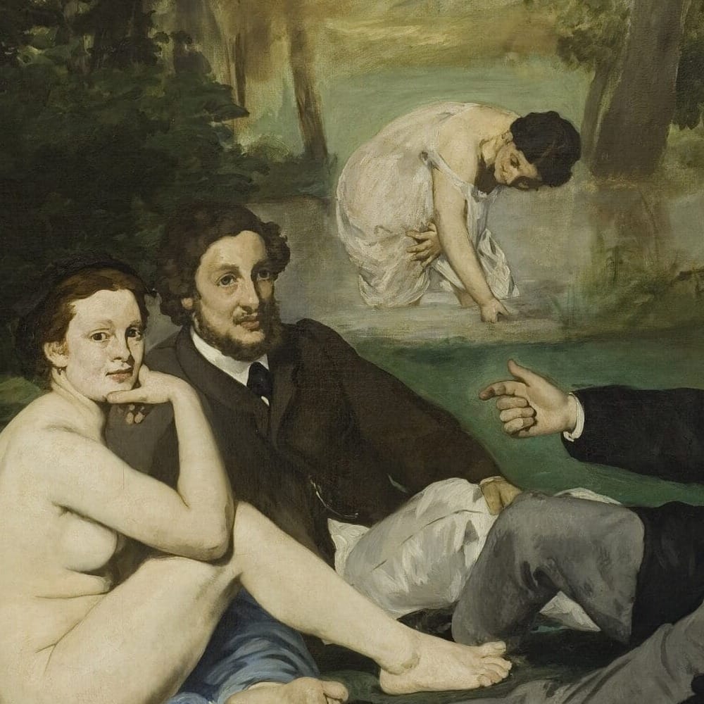 Detail of Luncheon on the Grass by Edouard Manet showing the brushwork and surface texture of the painting Detail of Luncheon on the Grass by Edouard Manet showing the brushwork and surface texture of the painting