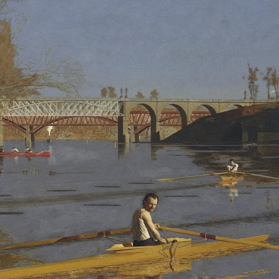 Detail of Max Schmitt in a Single Scull by Thomas Eakins showing the brushwork and surface texture of the painting Detail of Max Schmitt in a Single Scull by Thomas Eakins showing the brushwork and surface texture of the painting