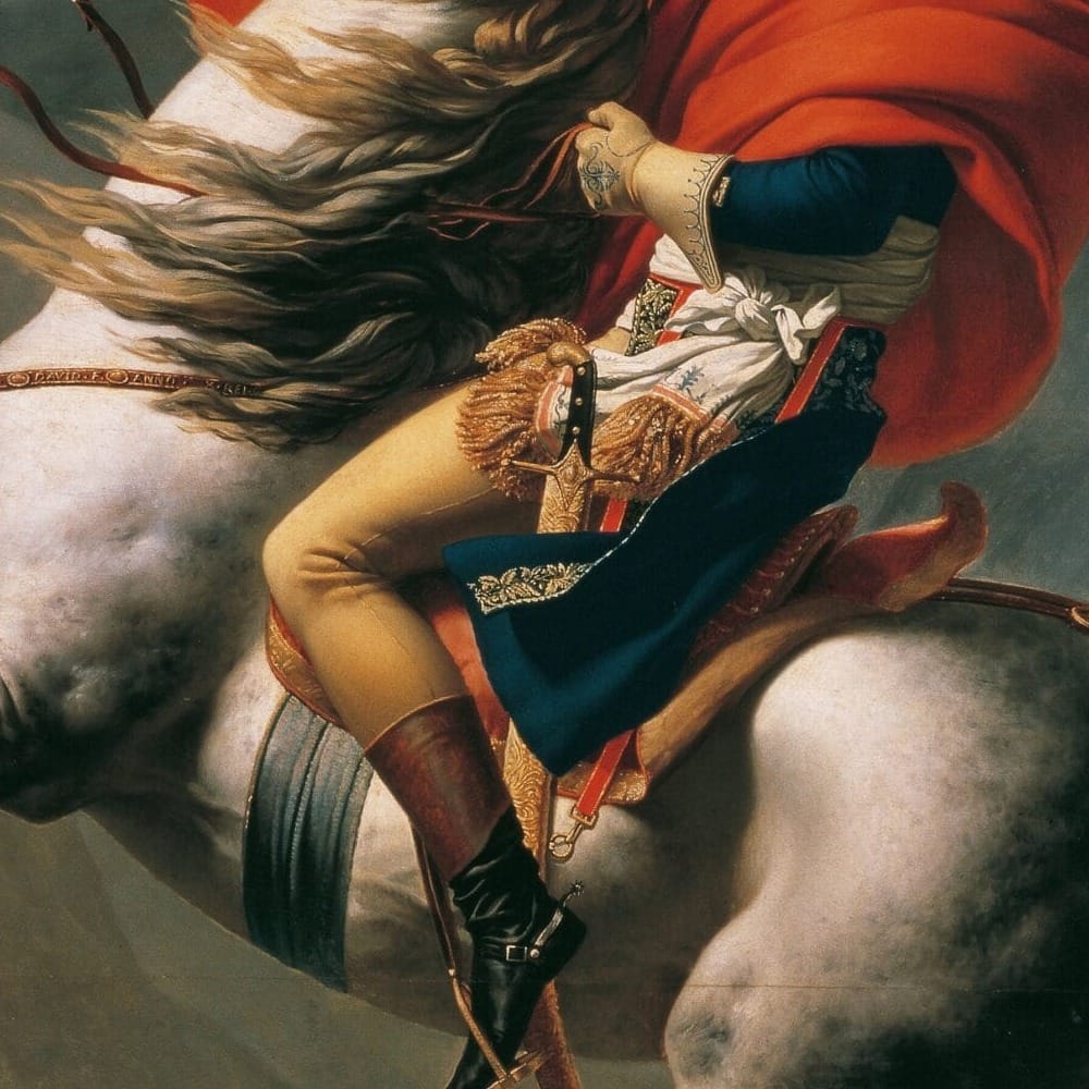 Detail of Napoleon Crossing the Alps by Jacques-Louis David showing the brushwork and surface texture of the painting Detail of Napoleon Crossing the Alps by Jacques-Louis David showing the brushwork and surface texture of the painting