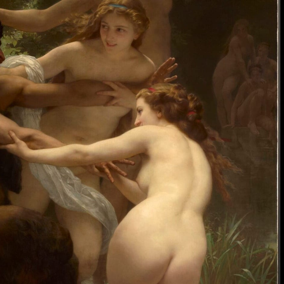 Detail of Nymphs and Satyr by William-Adolphe Bouguereau showing the brushwork and surface texture of the painting Detail of Nymphs and Satyr by William-Adolphe Bouguereau showing the brushwork and surface texture of the painting