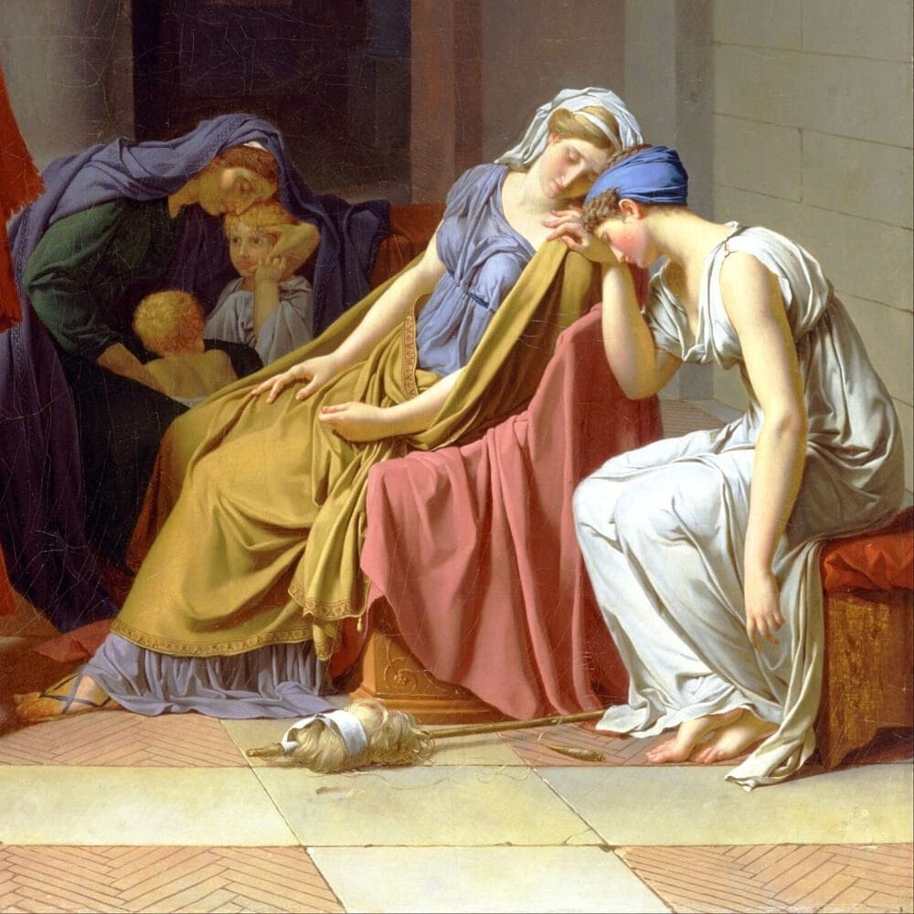 Detail of Oath of the Horatii by Jacques-Louis David showing the brushwork and surface texture of the painting Detail of Oath of the Horatii by Jacques-Louis David showing the brushwork and surface texture of the painting