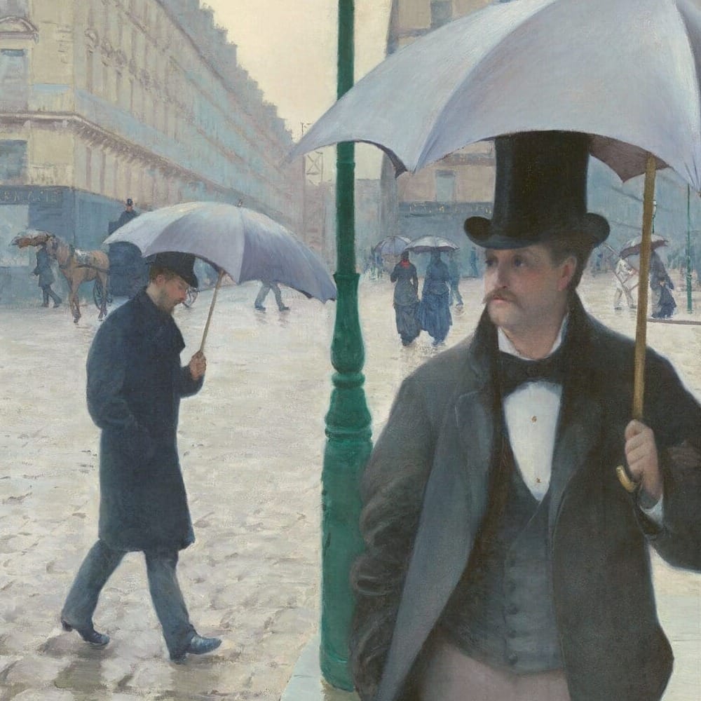 Detail of Paris Street; Rainy Day by Gustave Caillebotte showing the brushwork and surface texture of the painting Detail of Paris Street; Rainy Day by Gustave Caillebotte showing the brushwork and surface texture of the painting